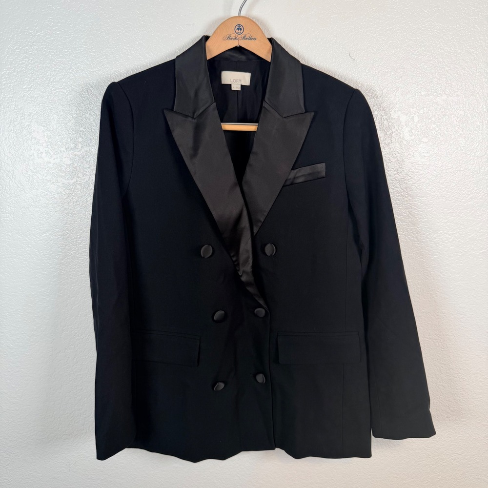 LOFT Womens Black Double Breasted Tuxedo Blazer Satin Peak Lapel Size 4